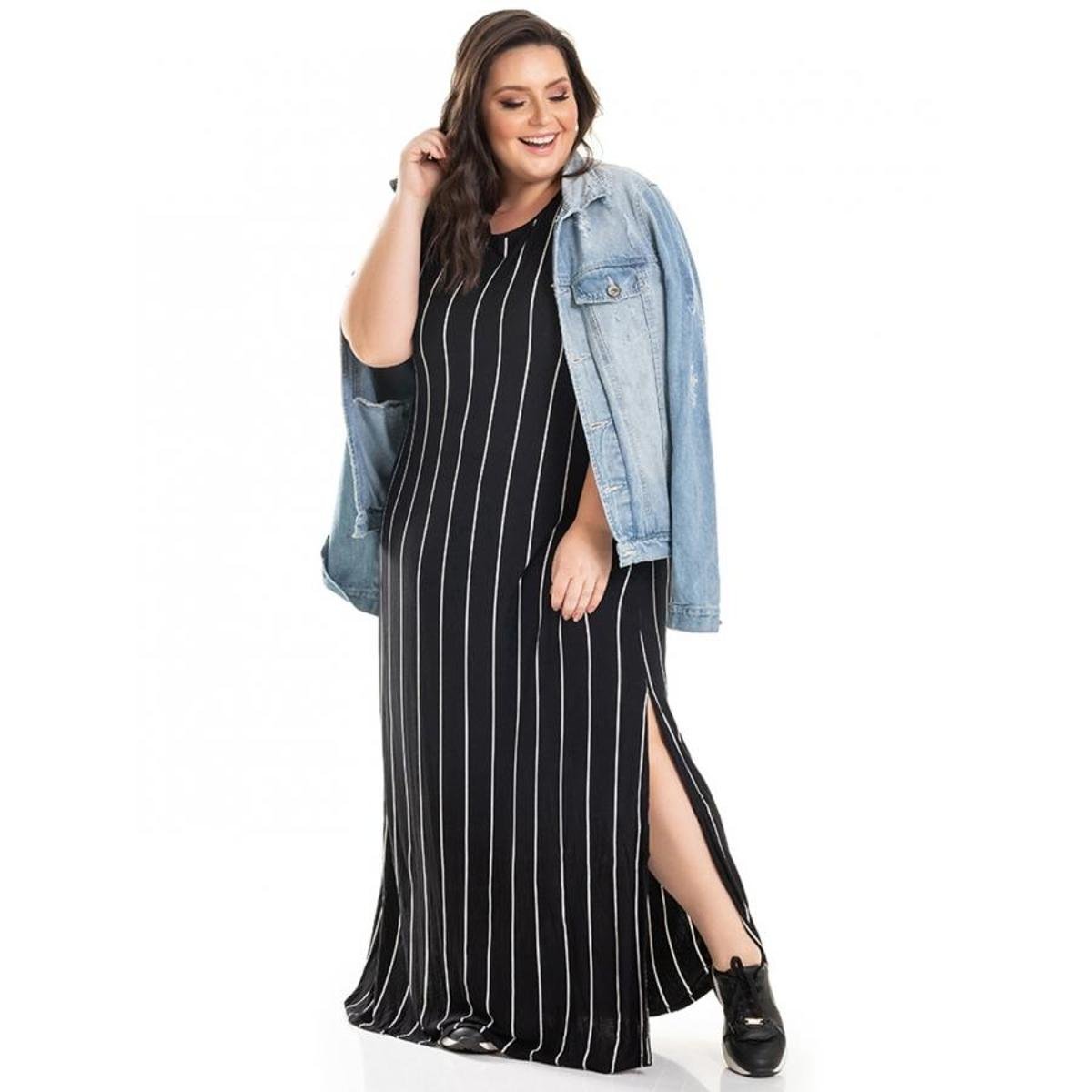 vestido listrado preto e branco plus size