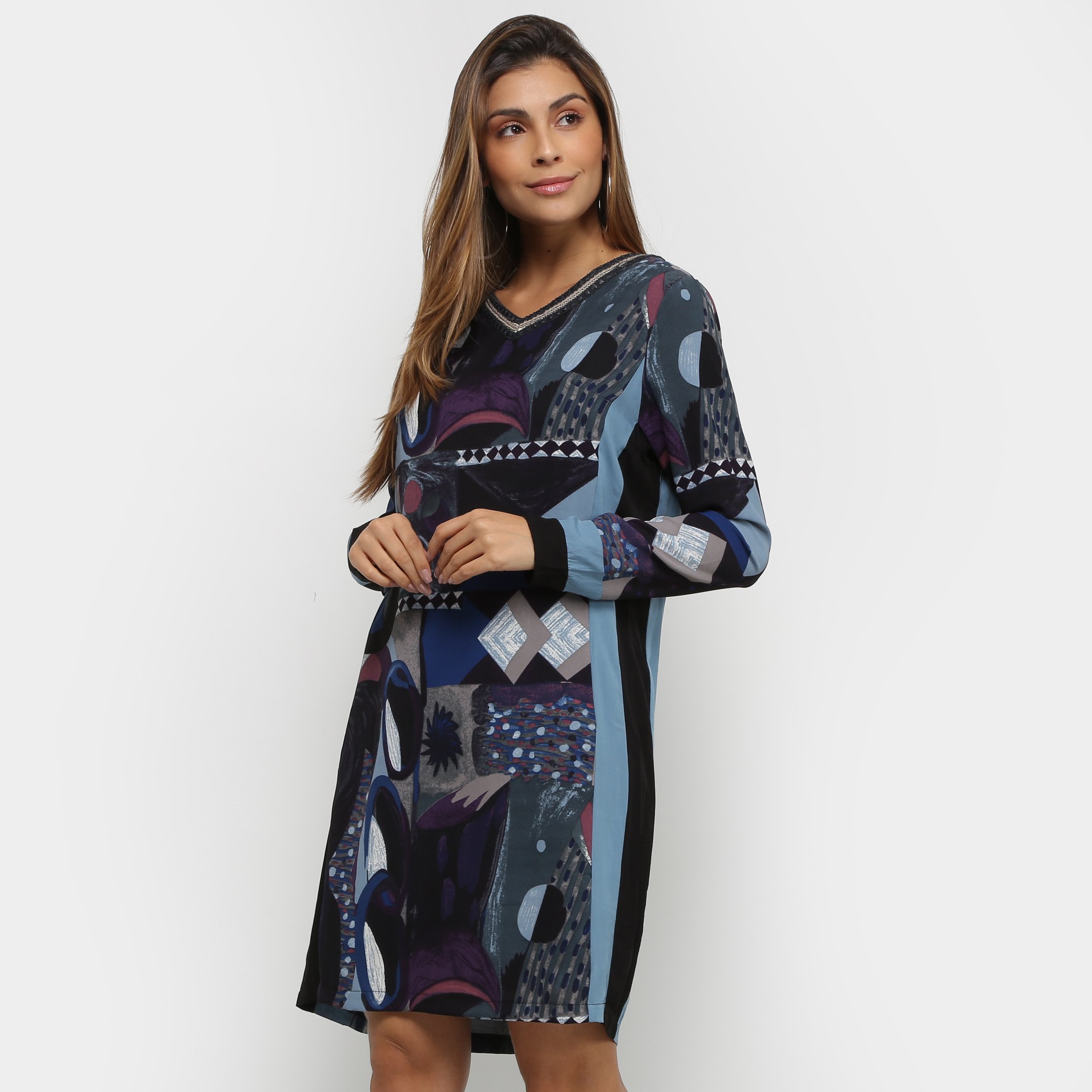 Vestido Malharia Nacional Estampado Manga Longa - Azul é ruim? Vestido Malharia Nacional Estampado Manga Longa - Azul é boa?
