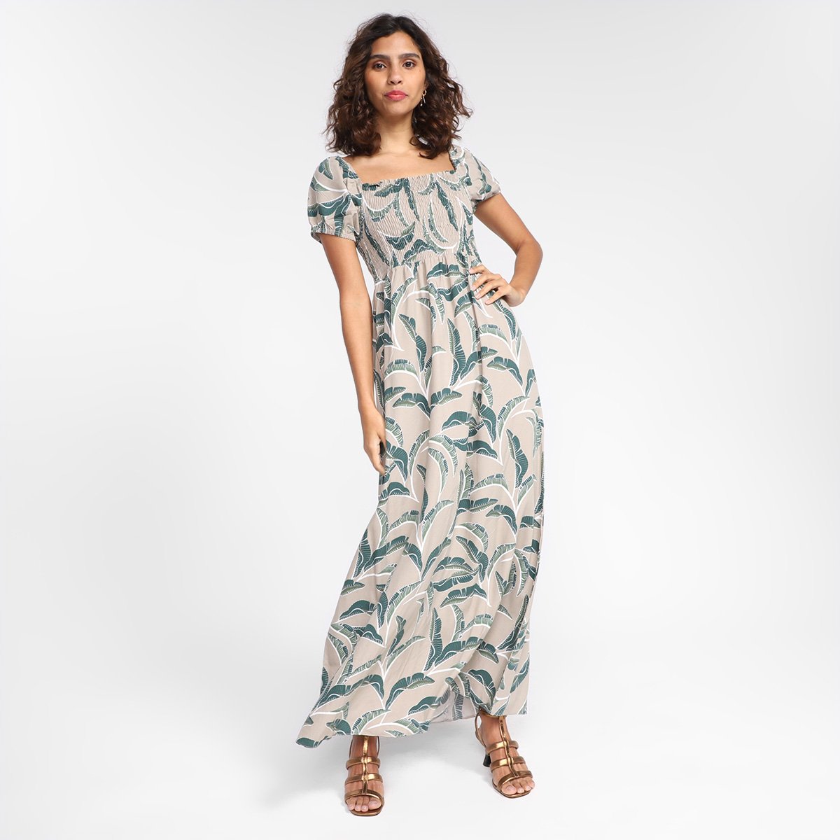 Vestido Malwee Evasê Longo Ciganinha - Bege+Verde Menor preço em Vestido Malwee Evasê Longo Ciganinha - Bege+Verde