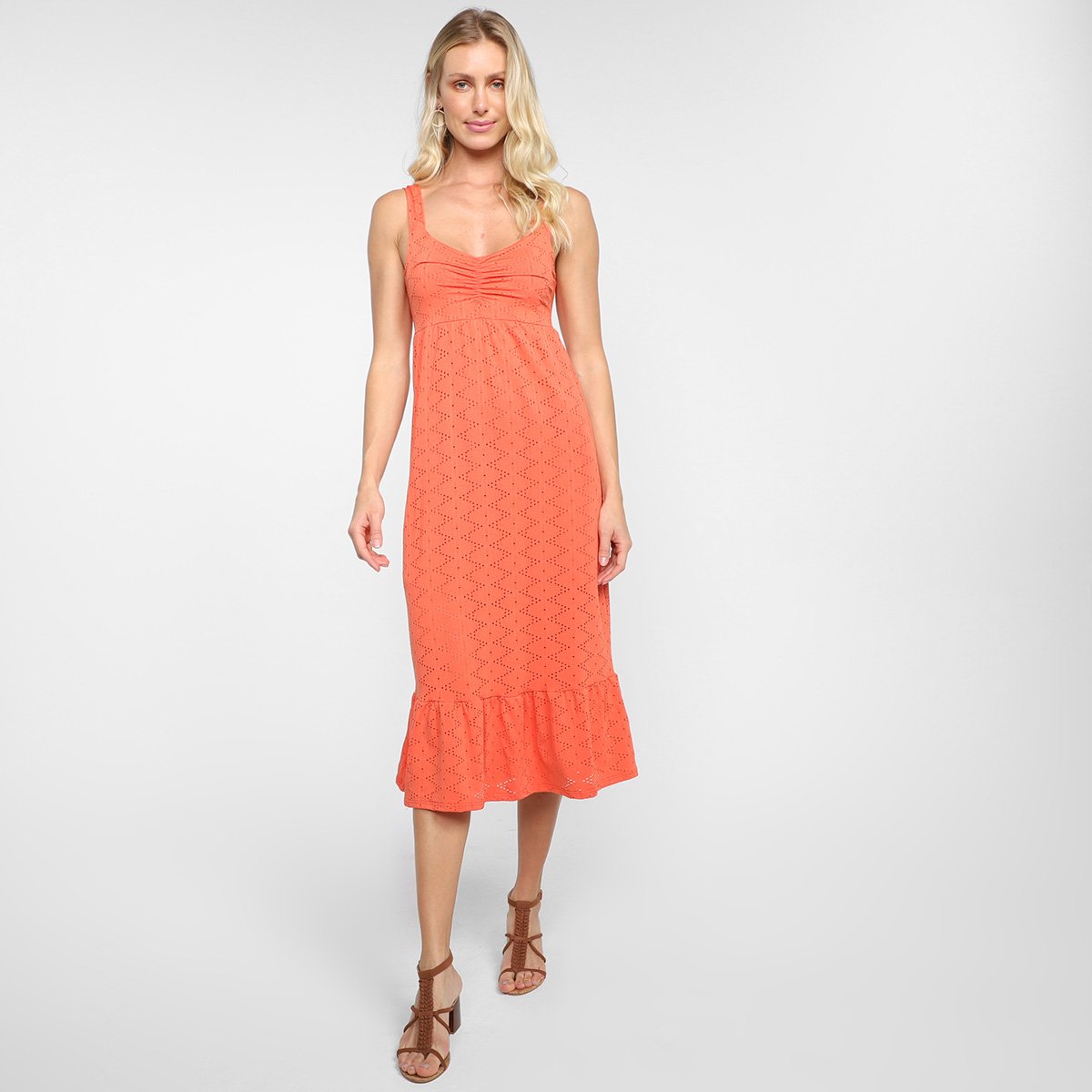Vestido Malwee Midi Laise - Laranja Menor preço em Vestido Malwee Midi Laise - Laranja