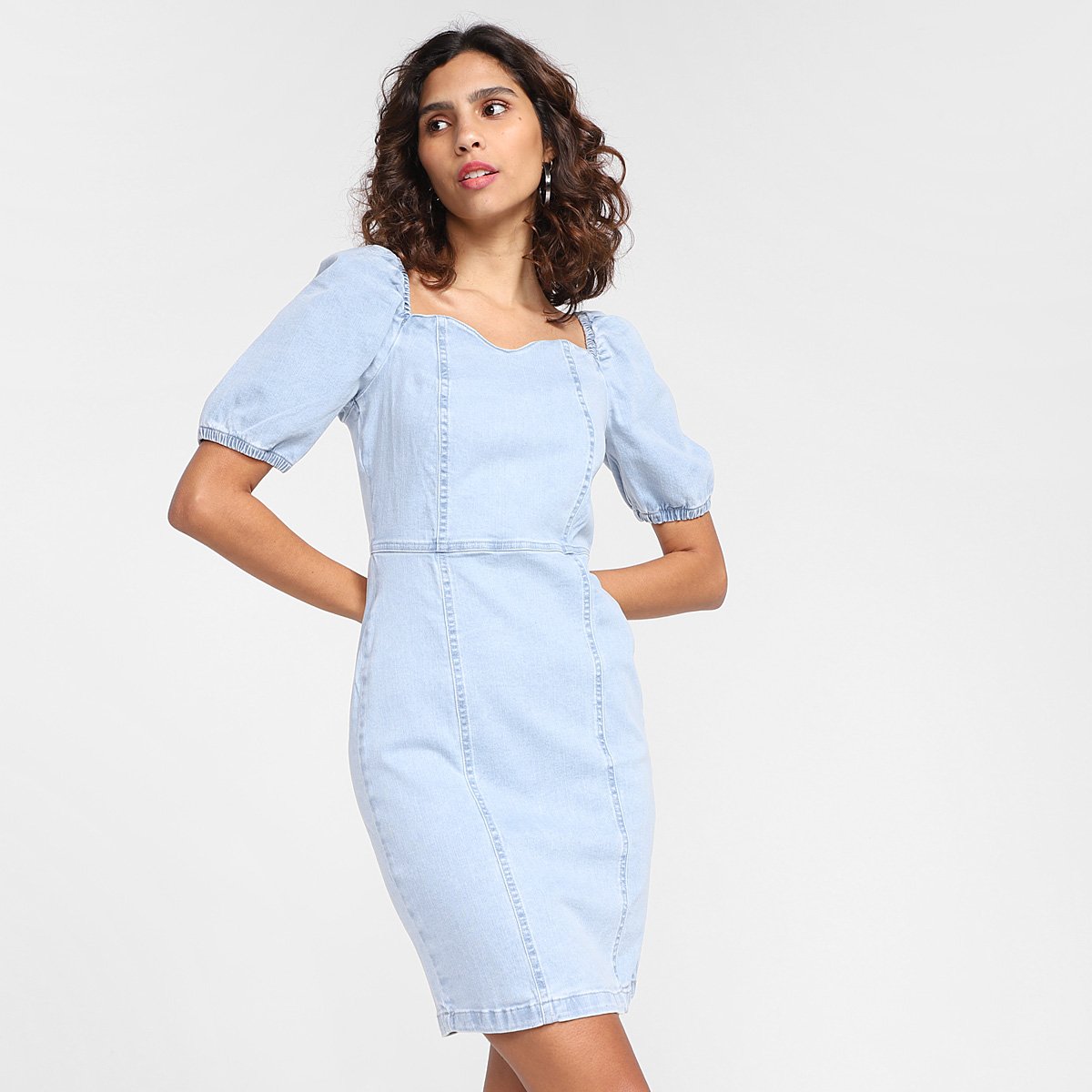 Vestido Malwee Tubinho Curto Jeans Manga Bufante - Azul Menor preço em Vestido Malwee Tubinho Curto Jeans Manga Bufante - Azul