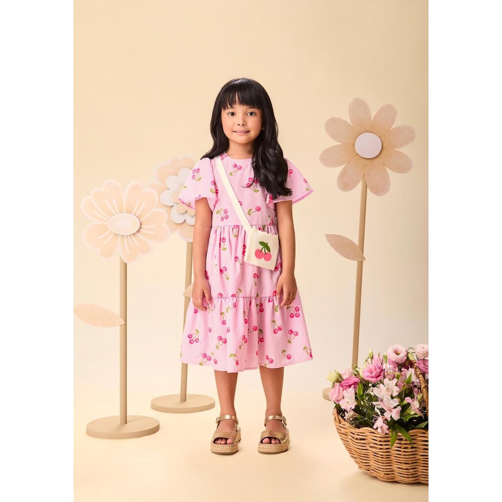 Vestido Manga Curta Infantil Cerejas Rosa C/Bolsa Momi