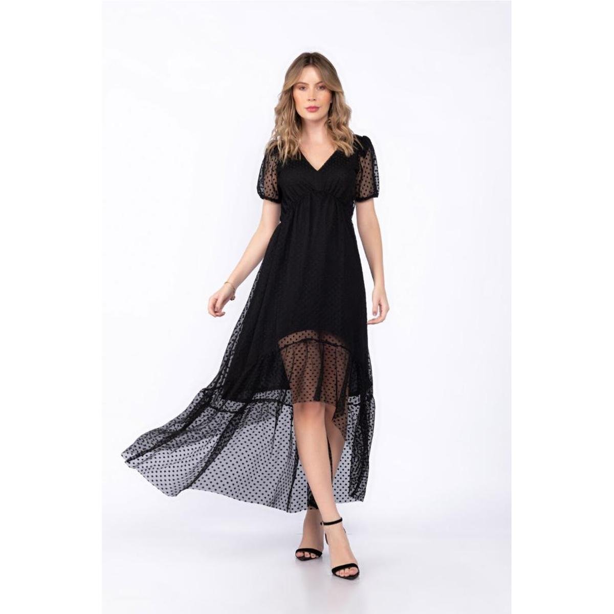 Vestido manga curta midi tule poá Zattini