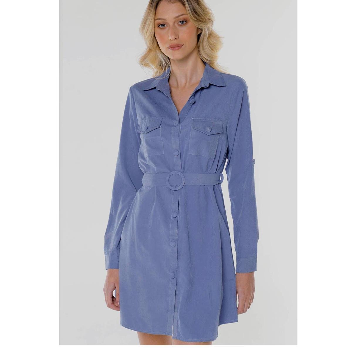 Vestido Manga Longa Chemise com Cinto Sob Militar Feminino - Azul Claro Menor preço em Vestido Manga Longa Chemise com Cinto Sob Militar Feminino - Azul Claro