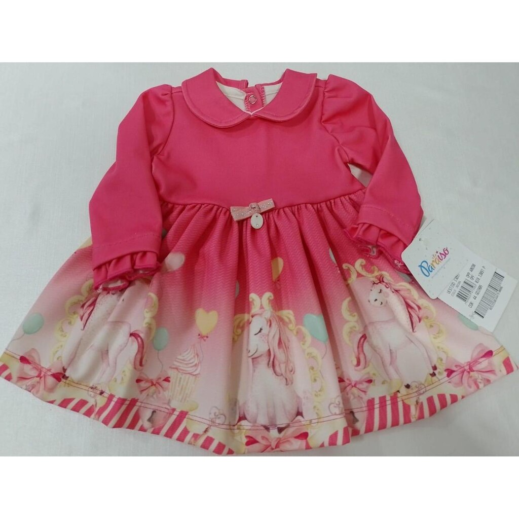 Vestido Manga Longa Estampado Bebê Menina Luxo Paraiso 13097