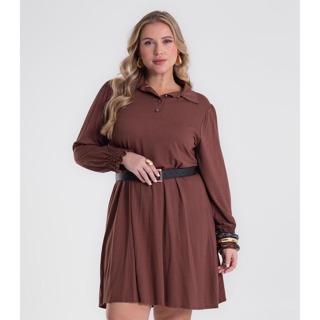Vestido Manga Longa Evase Plus Size Secret Glam Marrom
