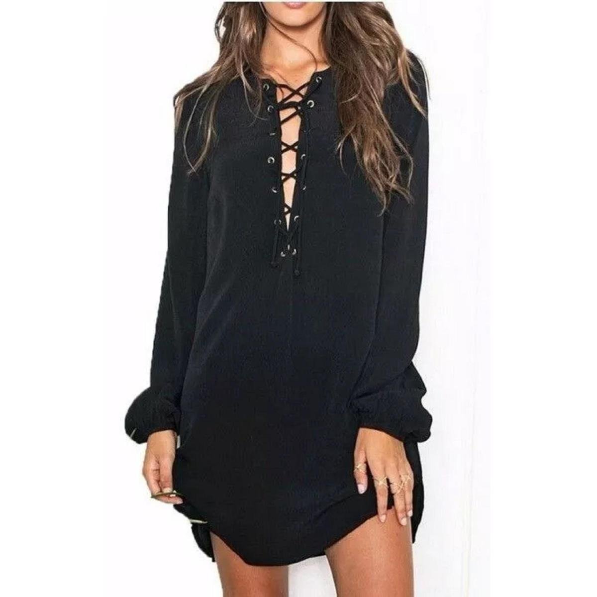 Vestido Manga Longa Trançado Liso Moda Indiana Estilo Chemise e Saída de Praia Feminino - Preto Menor preço em Vestido Manga Longa Trançado Liso Moda Indiana Estilo Chemise e Saída de Praia Feminino - Preto