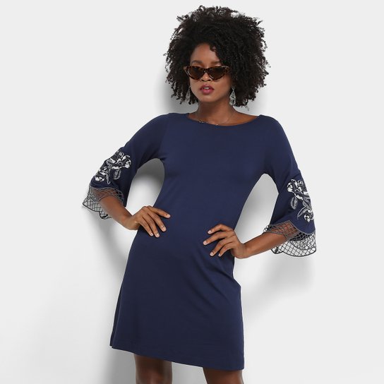 Vestido Maria Filó Curto Reto Bordado - Azul