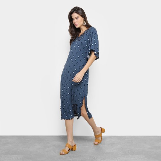 Vestido Maria Filó Evasê Midi Trufas Manga Ampla Fendas - Azul