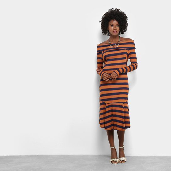Vestido Maria Filó Midi Peplum Estampa Listrada Ombro a Ombro Manga Longa - Caramelo