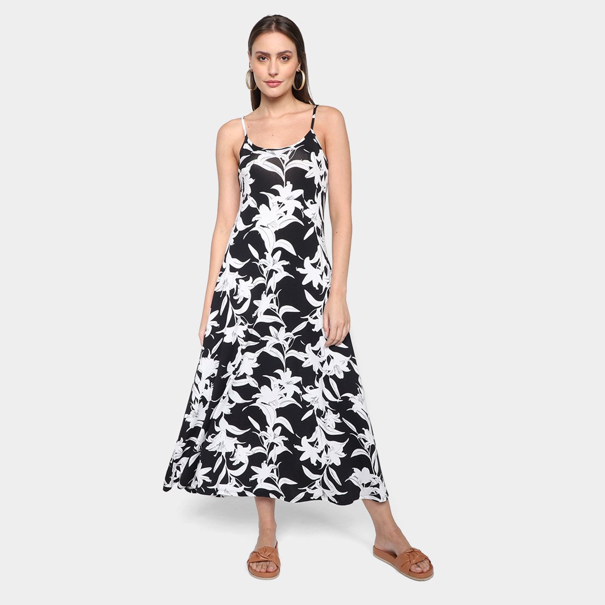 Vestido Marialícia Midi Alças Floral - Preto Menor preço em Vestido Marialícia Midi Alças Floral - Preto