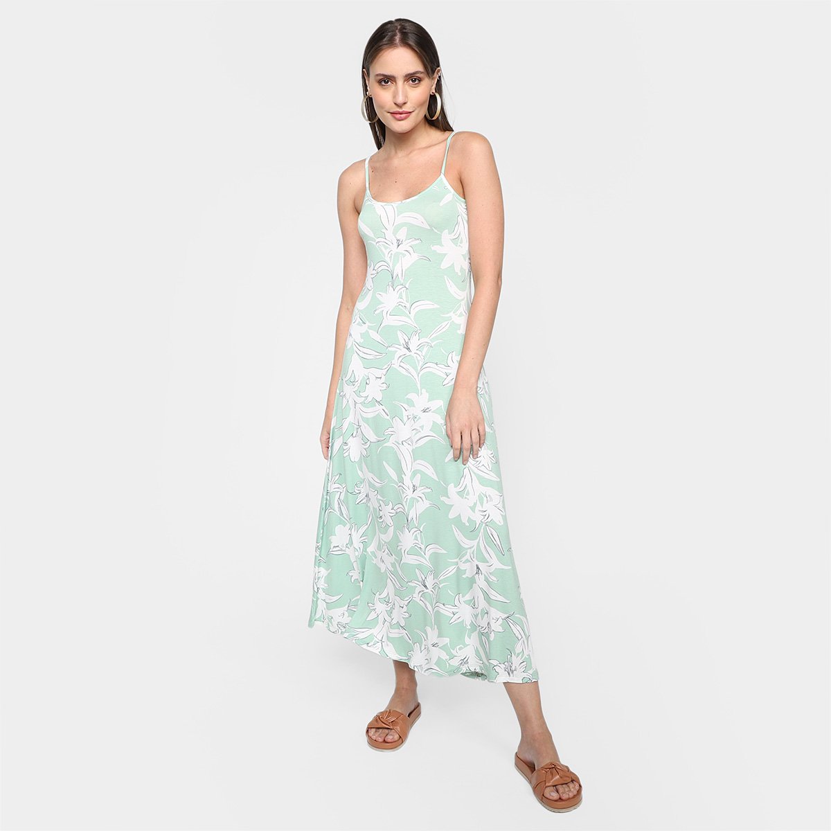 Vestido Marialícia Midi Alças Floral - Verde claro Menor preço em Vestido Marialícia Midi Alças Floral - Verde claro