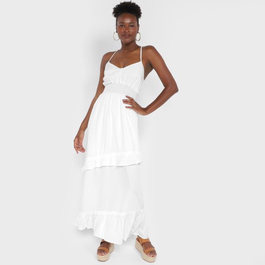 Vestido Mercatto Evasê Longo Liso Babado - Off White