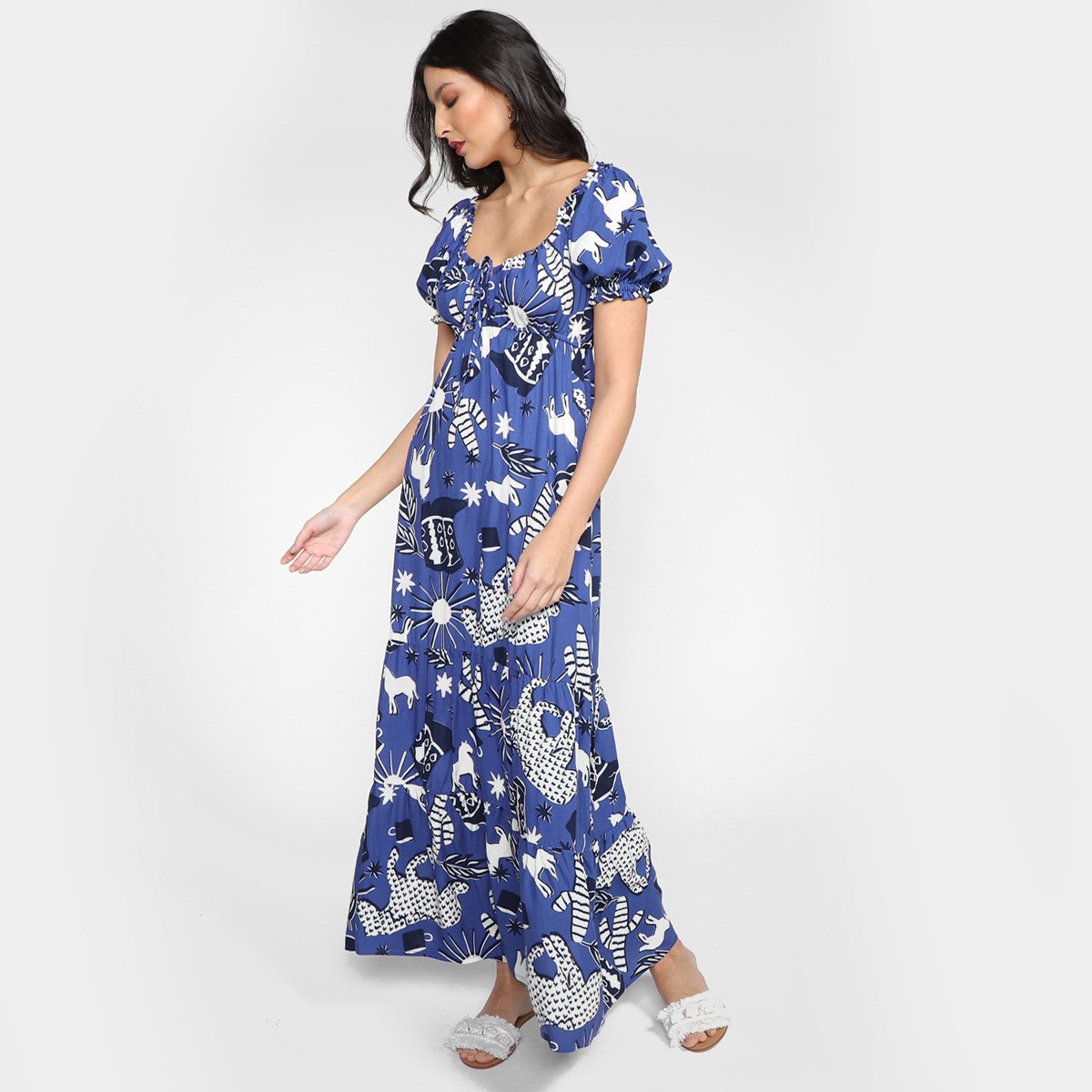 Vestido Mercatto Longo Estampado - Azul Menor preço em Vestido Mercatto Longo Estampado - Azul