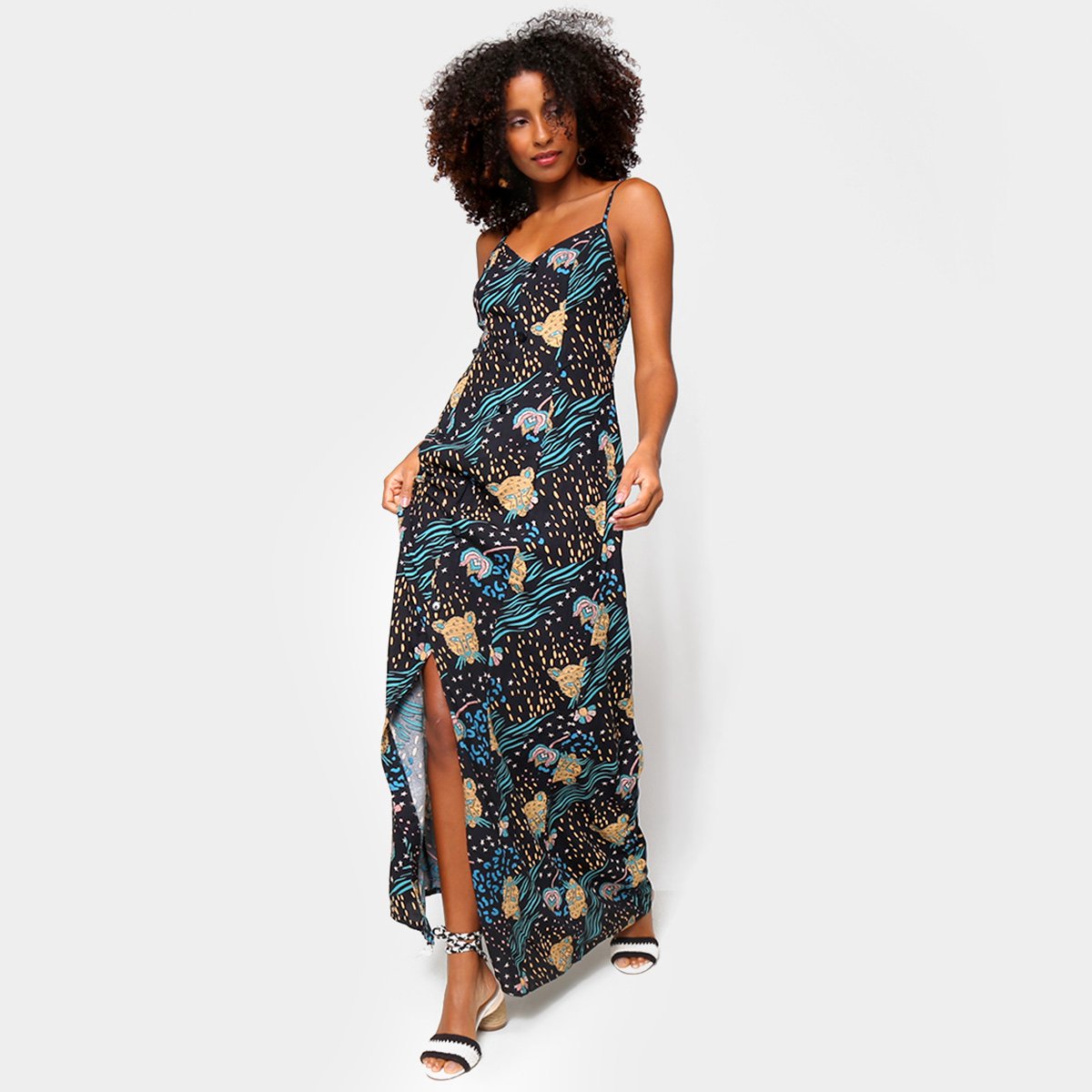 Vestido Mercatto Longo Felinos Com Fenda - Preto Menor preço em Vestido Mercatto Longo Felinos Com Fenda - Preto