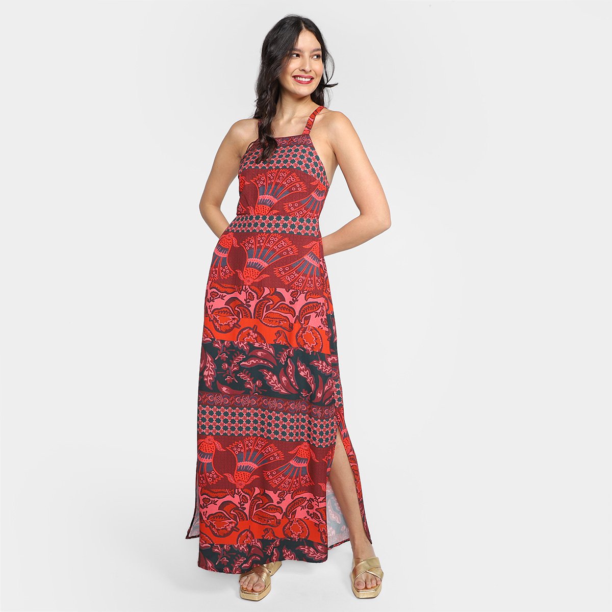 Vestido Mercatto Longo Fendas Estampado - Vermelho Escuro Menor preço em Vestido Mercatto Longo Fendas Estampado - Vermelho Escuro