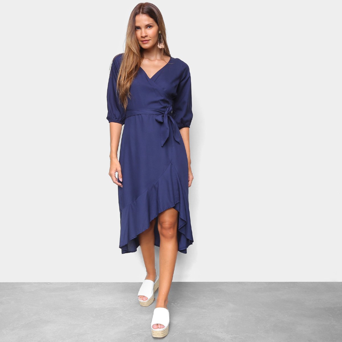 Vestido Mercatto Midi Manga 3/4 Com Amarração - Marinho Menor preço em Vestido Mercatto Midi Manga 3/4 Com Amarração - Marinho