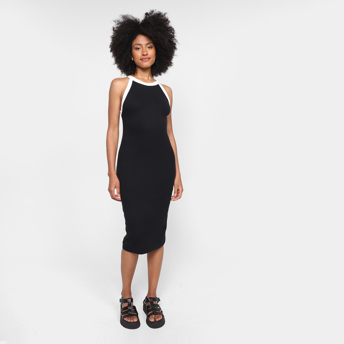 Vestido Midi Animale Jeans Tubinho Faixa - Preto+Off White Menor preço em Vestido Midi Animale Jeans Tubinho Faixa - Preto+Off White