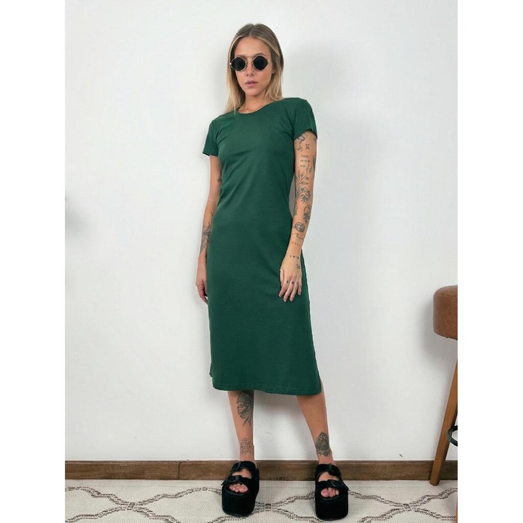 Vestido Midi Camiseta Com Fenda Aveloz Verde Escuro