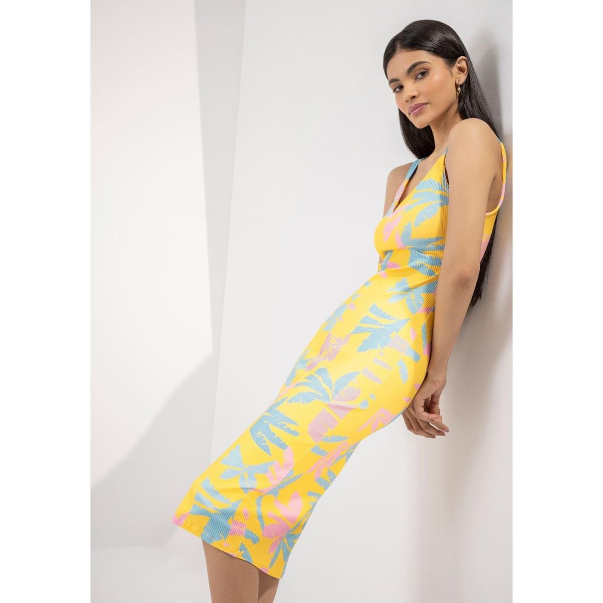 Vestido Midi Canelado Estampado com Decote V - Laranja Escuro+Branco Menor preço em Vestido Midi Canelado Estampado com Decote V - Laranja Escuro+Branco