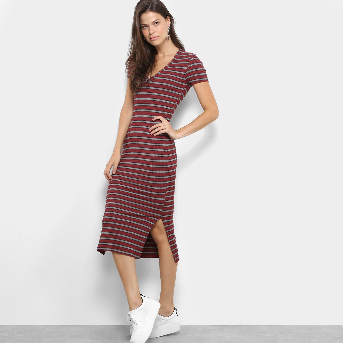 Vestido Midi Canelado Forum Listrado com Fendas Feminino - Listrado Menor preço em Vestido Midi Canelado Forum Listrado com Fendas Feminino - Listrado