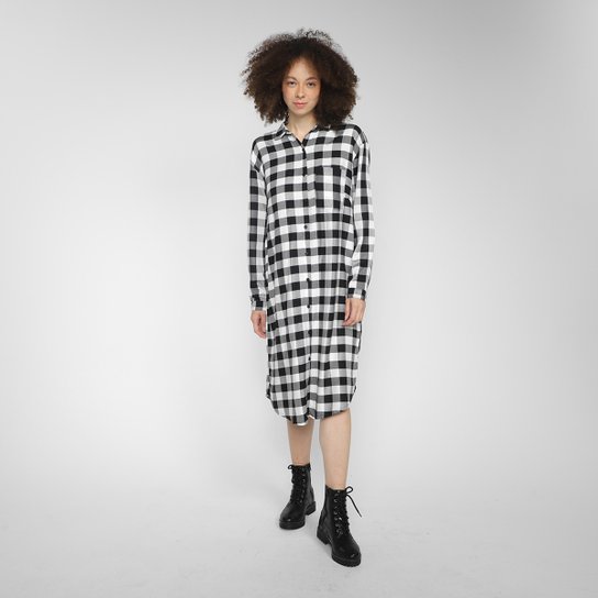 Vestido Midi Cantão Chemisier Xadrez Vichy - Off White