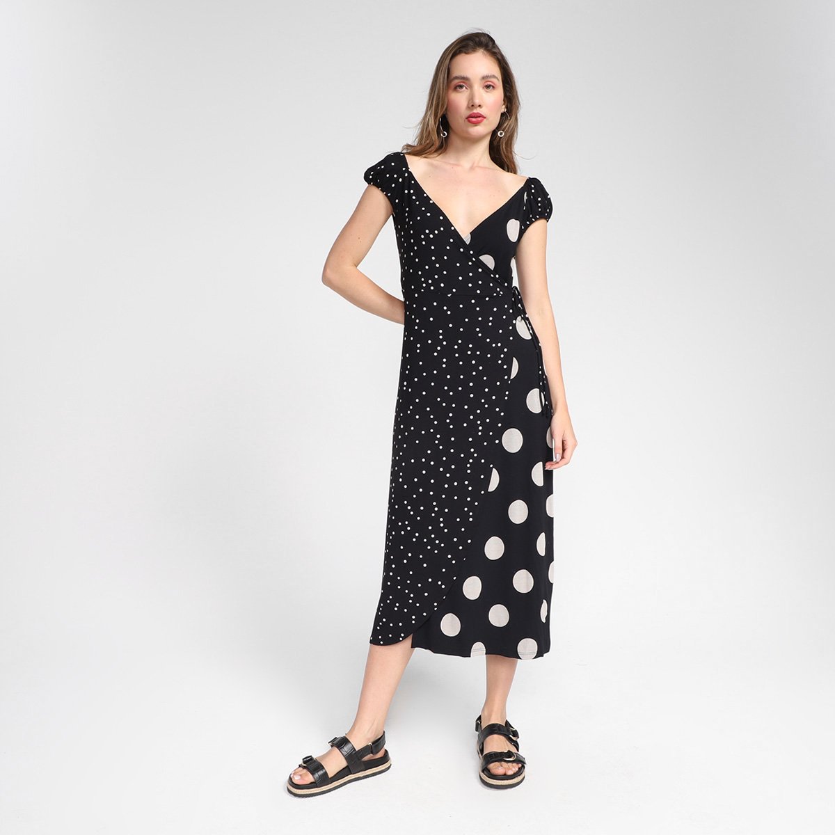 Vestido Midi Cantão Mix Poá - Estampado Menor preço em Vestido Midi Cantão Mix Poá - Estampado