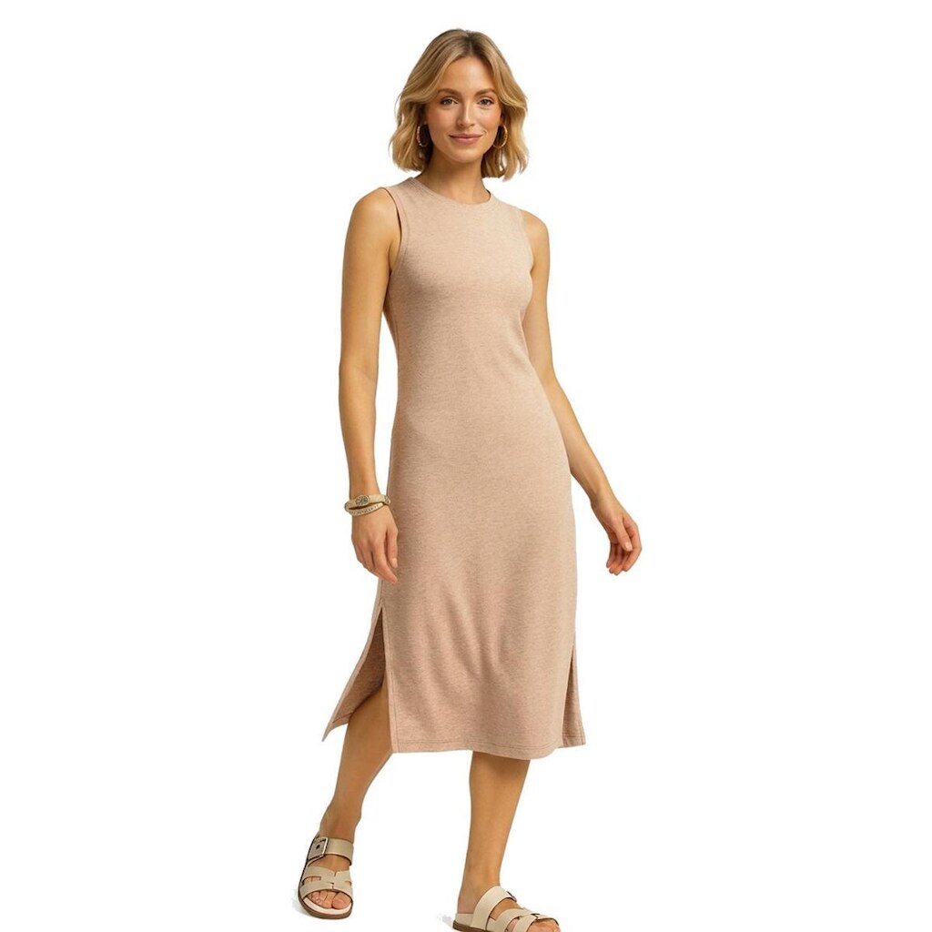 Vestido Midi Chá Lunender Sem Mangas Em Malha Com Fendas