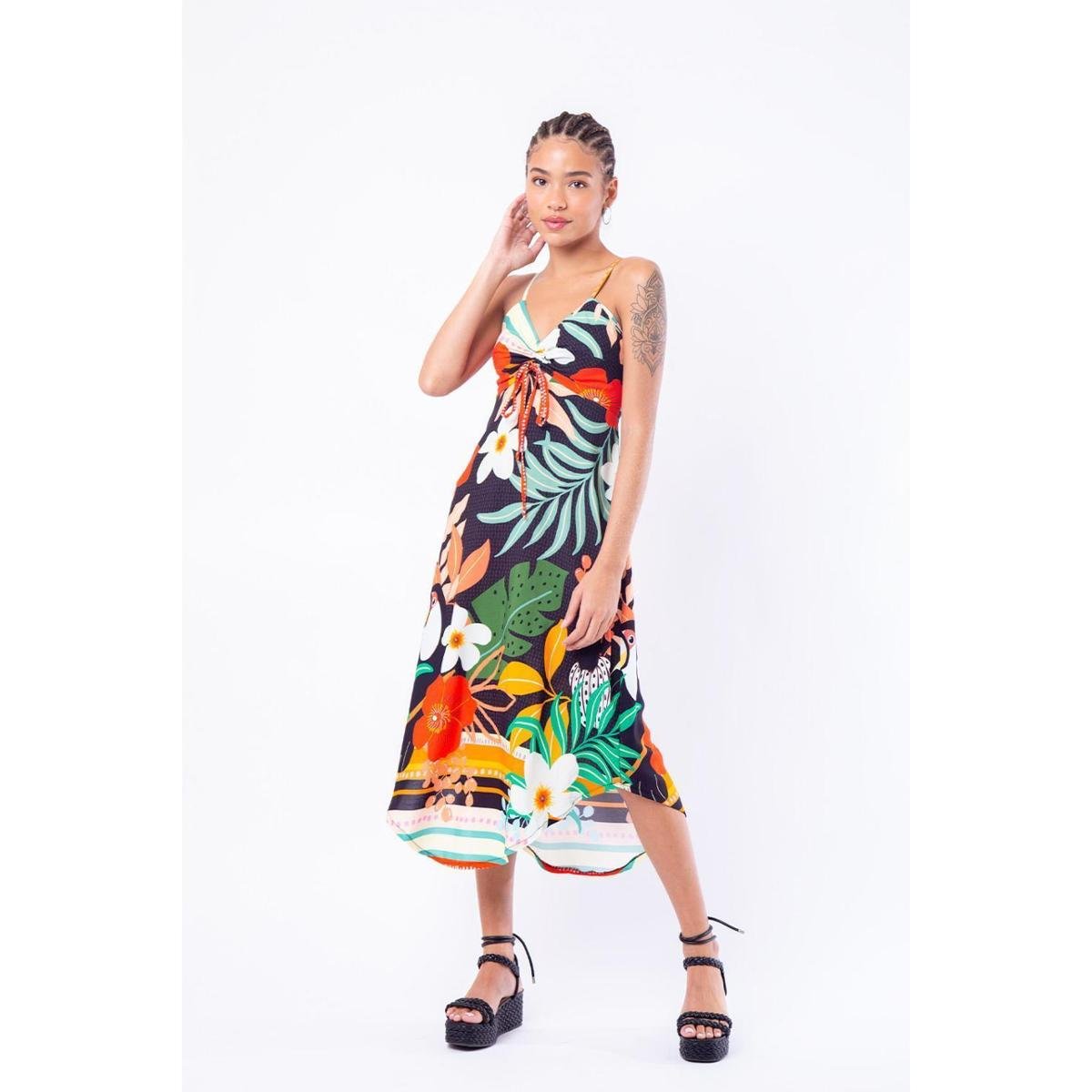 Vestido midi chanfrado tecido estampado M - Preto Menor preço em Vestido midi chanfrado tecido estampado M - Preto