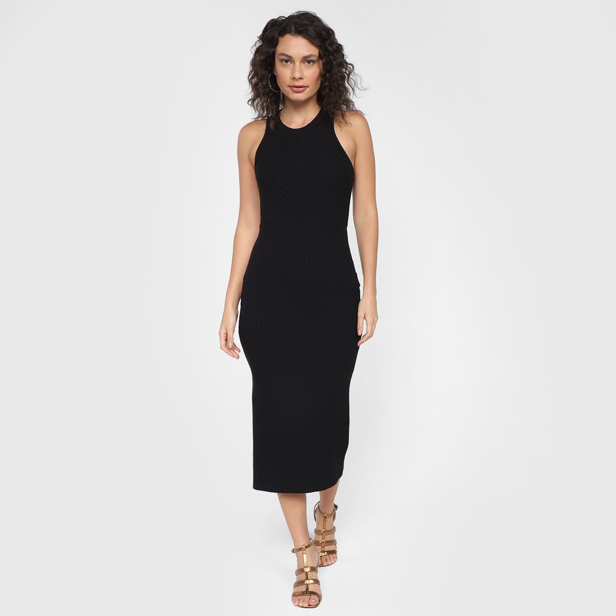 Vestido Midi Colcci Canelado - Preto Menor preço em Vestido Midi Colcci Canelado - Preto
