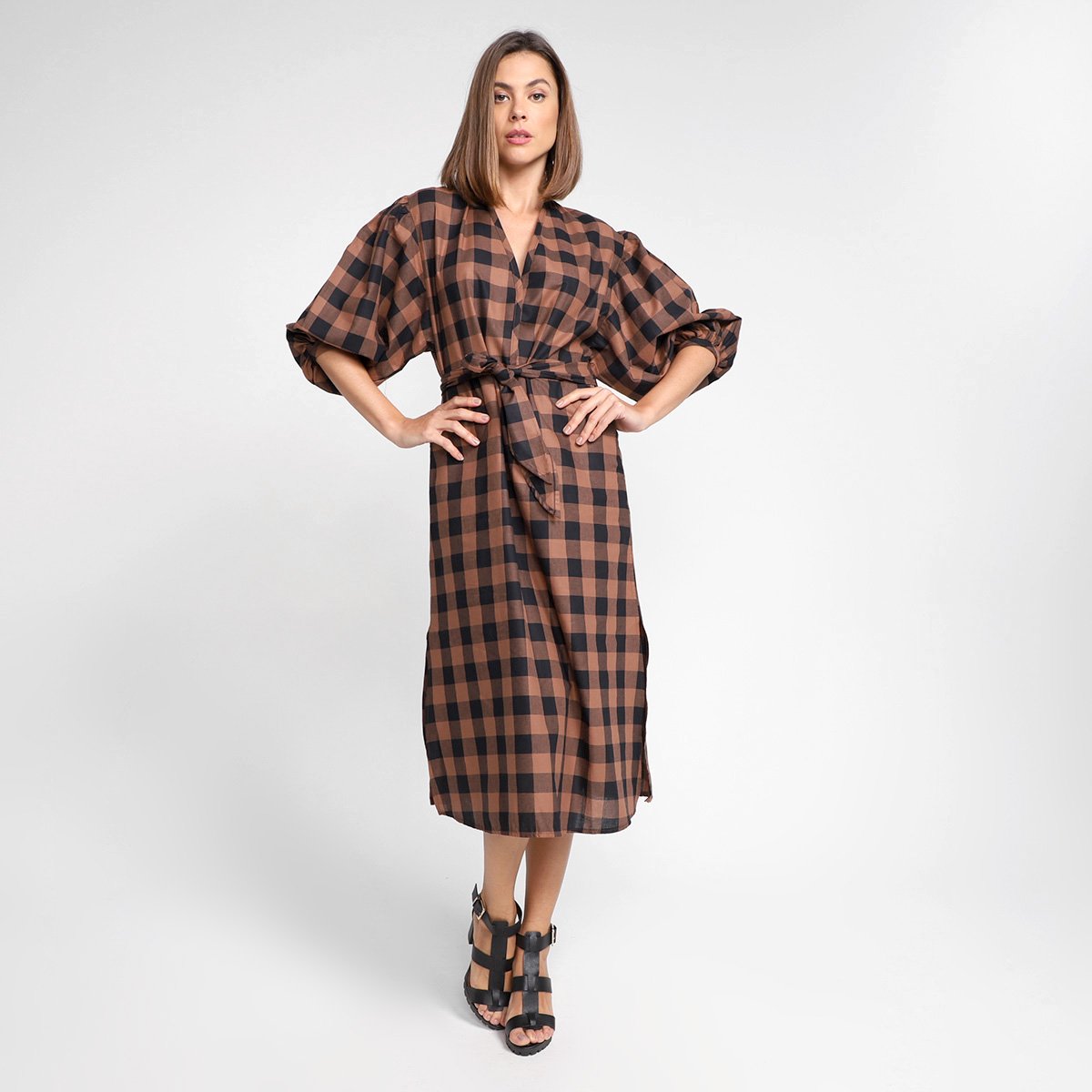 Vestido Midi Colcci Xadrez Amarração Feminino - Estampado Menor preço em Vestido Midi Colcci Xadrez Amarração Feminino - Estampado