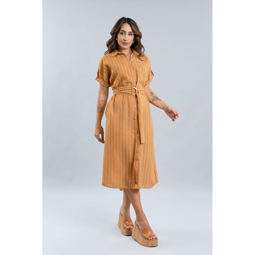 Vestido Midi Com Botões e Listras Feminino Lemier Collection