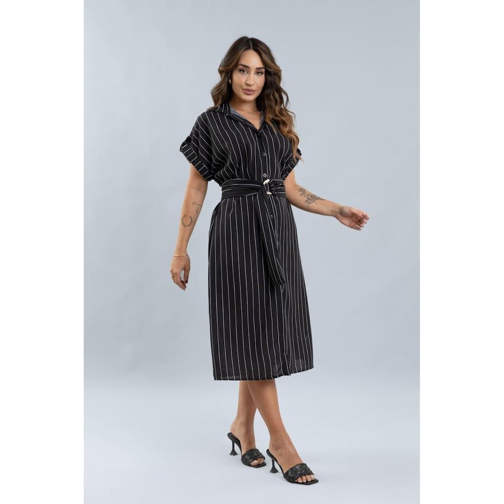 Vestido Midi Com Botões e Listras Feminino Lemier Collection