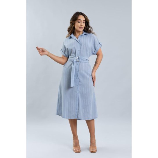 Vestido Midi Com Botões e Listras Feminino Lemier Collection