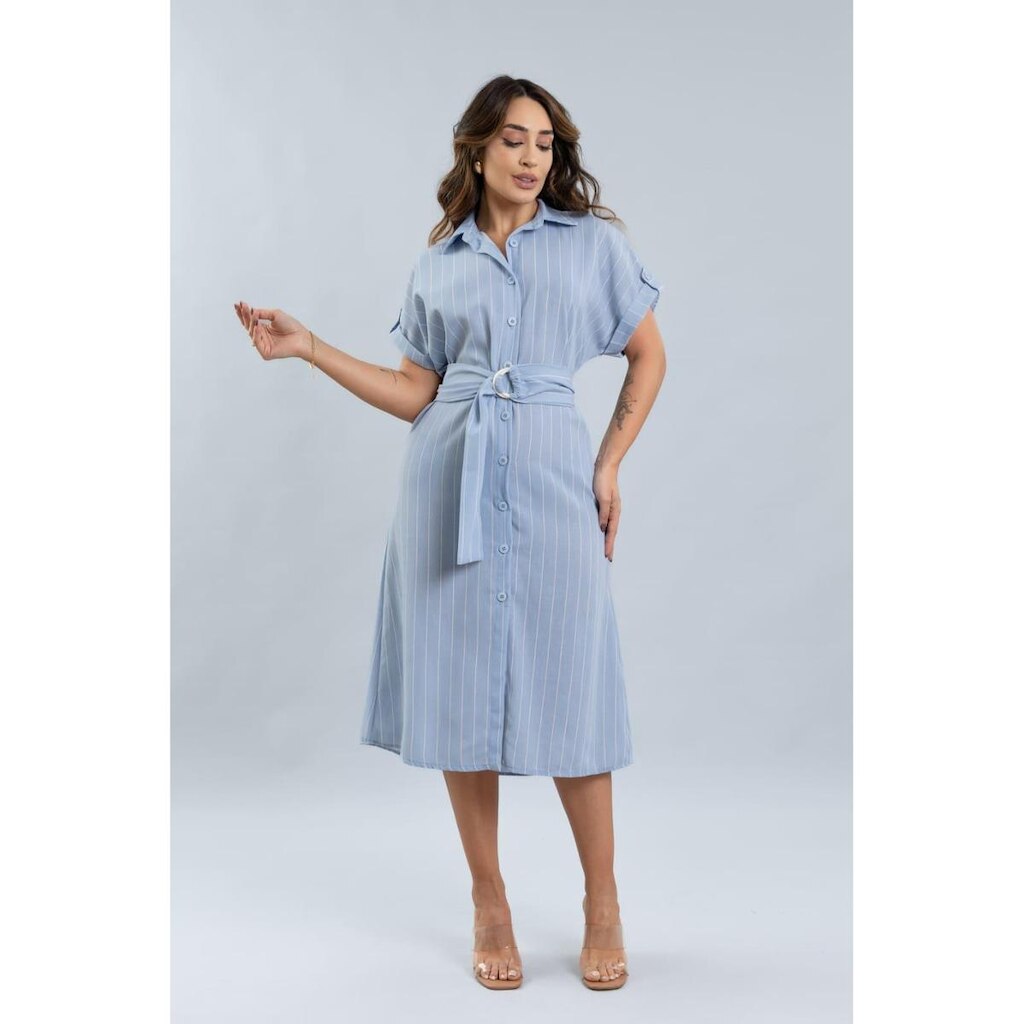 Vestido Midi Com Botões e Listras Feminino Lemier Collection