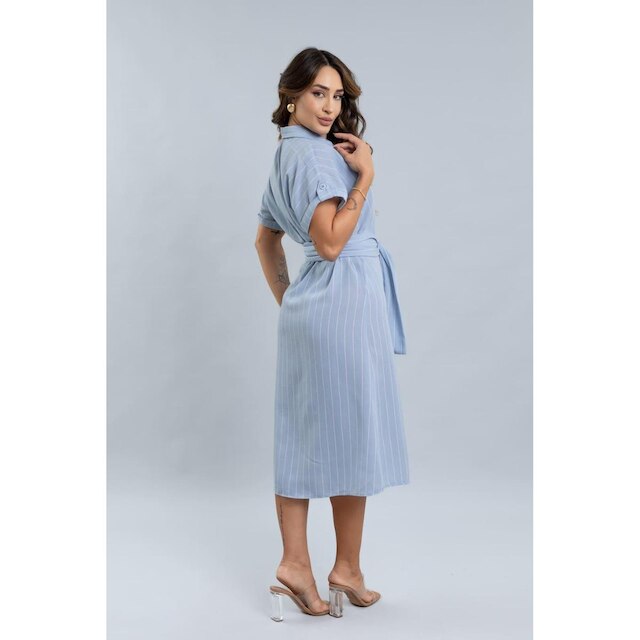 Vestido Midi Com Botões e Listras Feminino Lemier Collection