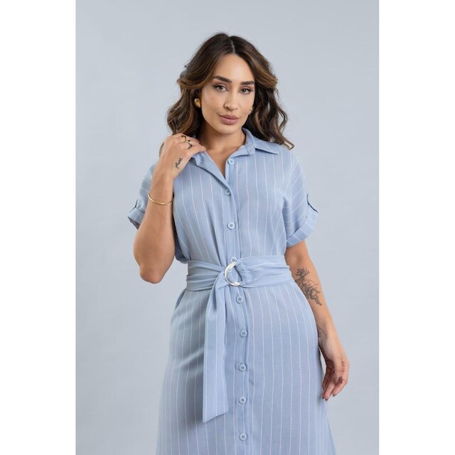 Vestido Midi Com Botões e Listras Feminino Lemier Collection