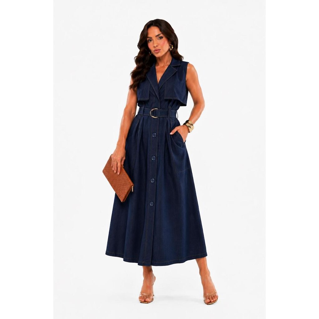 Vestido Midi D Bell Outlet Fashion Chemise Azul Marinho