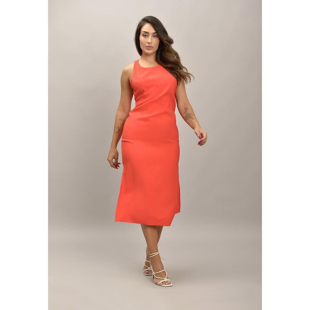 Vestido Midi de Alça com Abertura nas Costas e Fenda Frontal