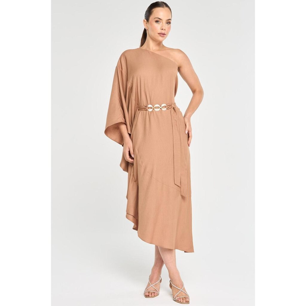 Vestido Midi de Um Ombro Só Caramelo
