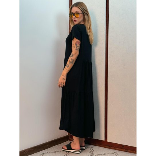 Vestido Midi Decote Em V Com Babados Na Barra Aveloz Serena Aveloz