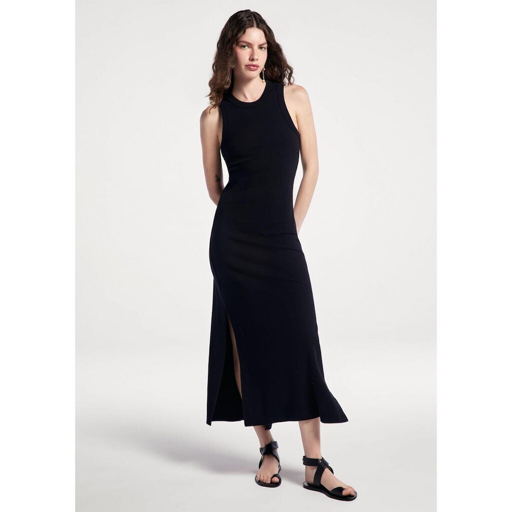 Vestido Midi Em Ribana Canelada Com Fenda