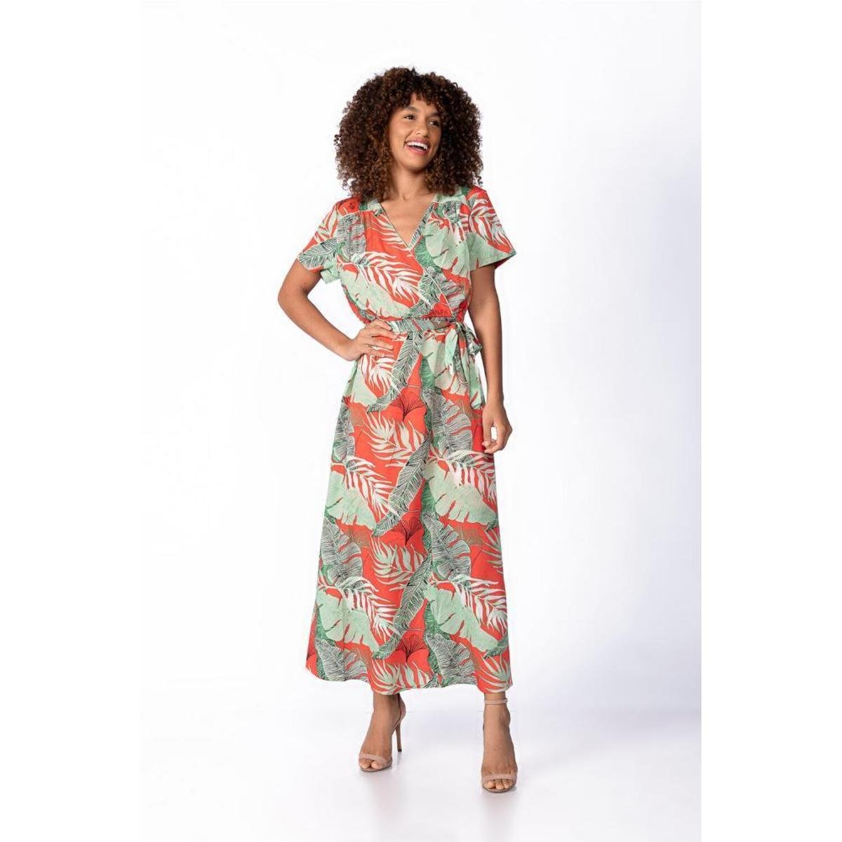 Vestido midi estampa folhagem viés no decote - Vermelho Menor preço em Vestido midi estampa folhagem viés no decote - Vermelho