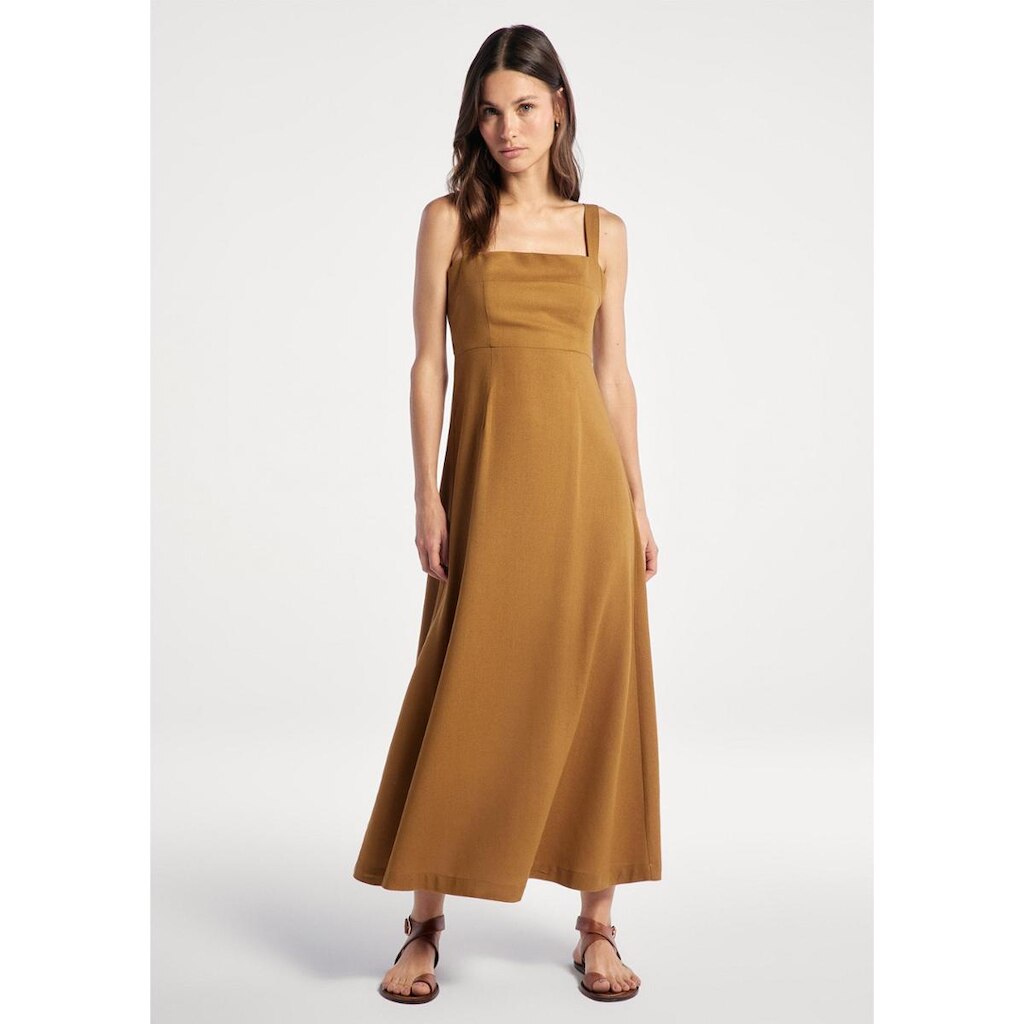 Vestido Midi Evasê Alças Médias Rústico Com Linho