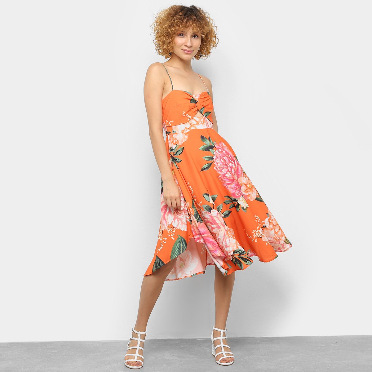 Vestido Midi Farm Doce Veraneio Busto Torcido - Laranja Menor preço em Vestido Midi Farm Doce Veraneio Busto Torcido - Laranja