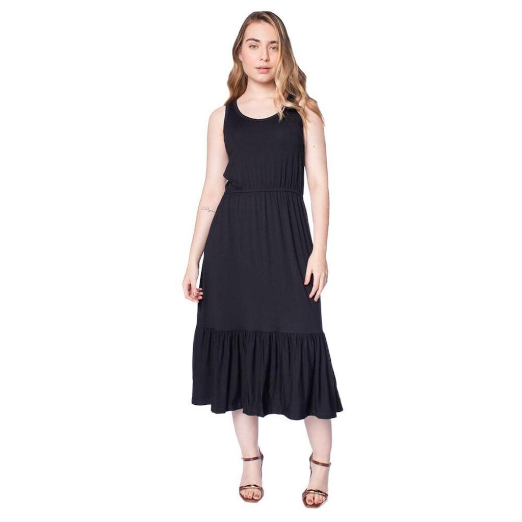 Vestido Midi Feminino Rechsul Sem Mangas Babados Preto