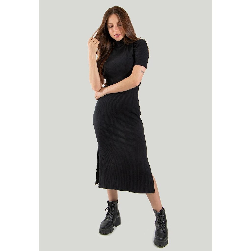 Vestido Midi Gola Alta Manga Curta Ribana