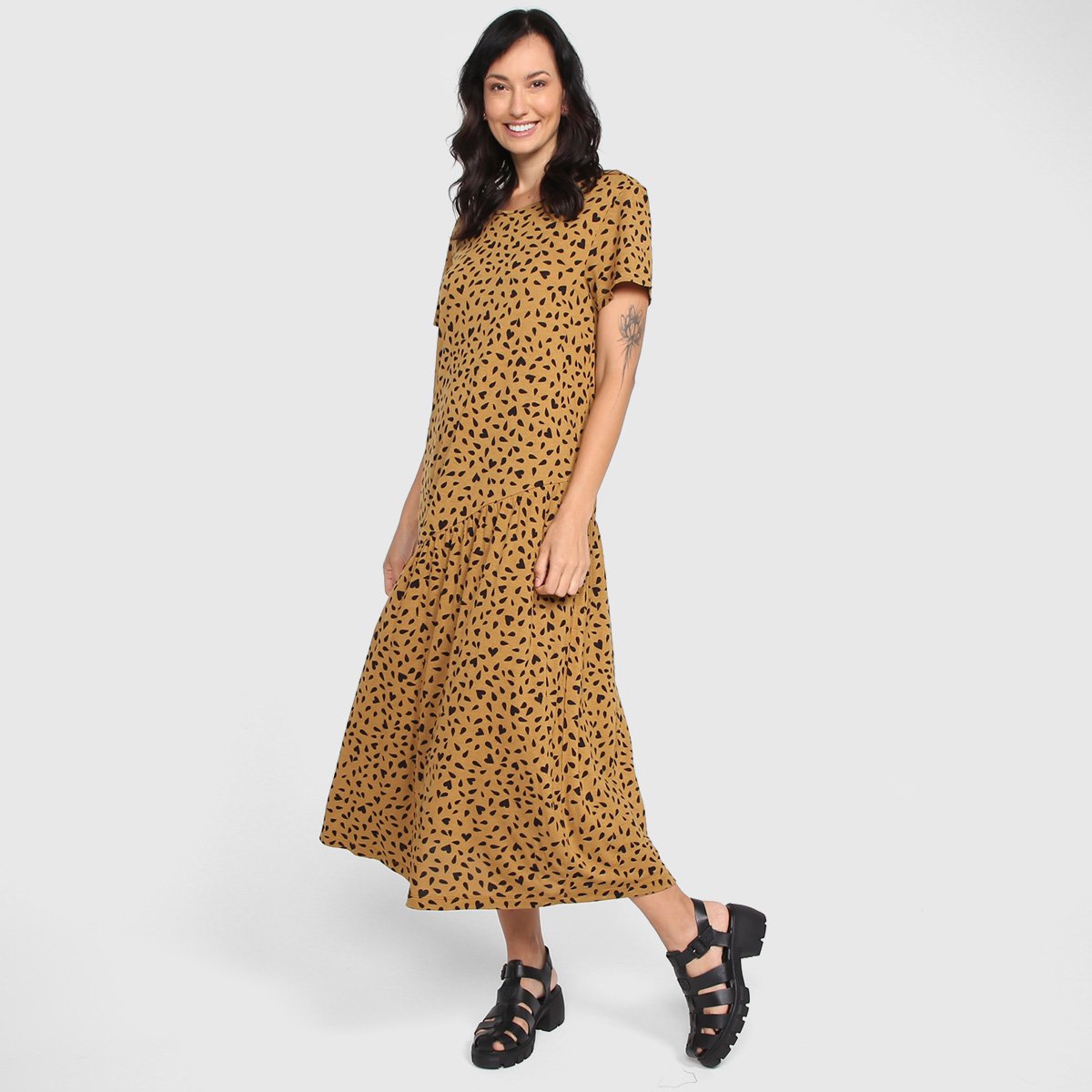 Vestido Midi Hering Animal Print Feminino - Marrom Menor preço em Vestido Midi Hering Animal Print Feminino - Marrom