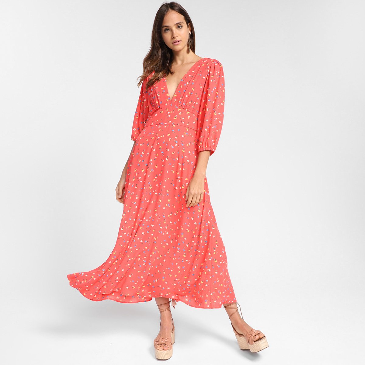 Vestido Midi Il Shin Estampado Babados - Vermelho Menor preço em Vestido Midi Il Shin Estampado Babados - Vermelho