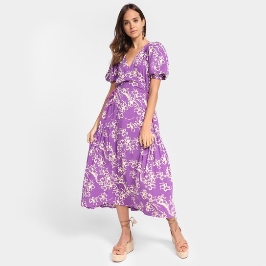 Vestido Midi Il Shin Floral Decote V - Roxo